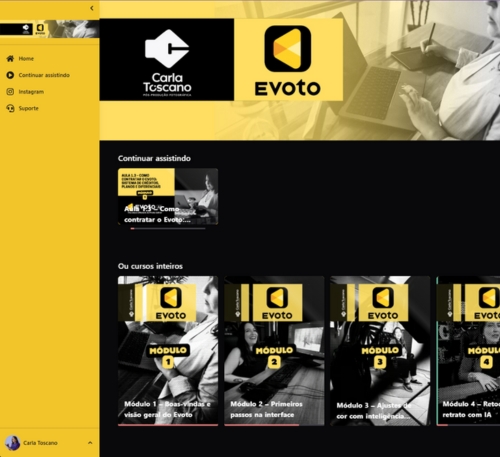 Evoto course platform with Carla Toscano showing photo editing modules with AI